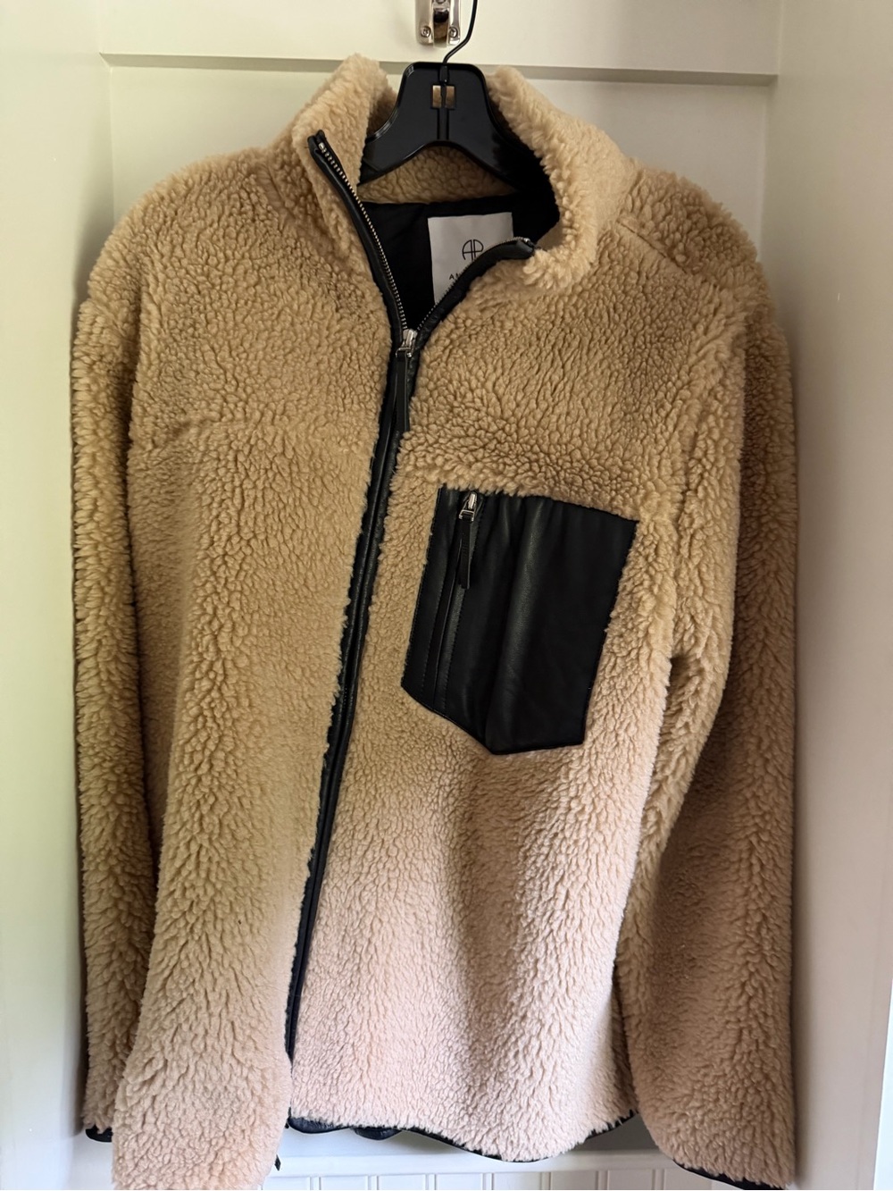 Anine Bing Tan Sherpa Jacket with Black Chest Pocket